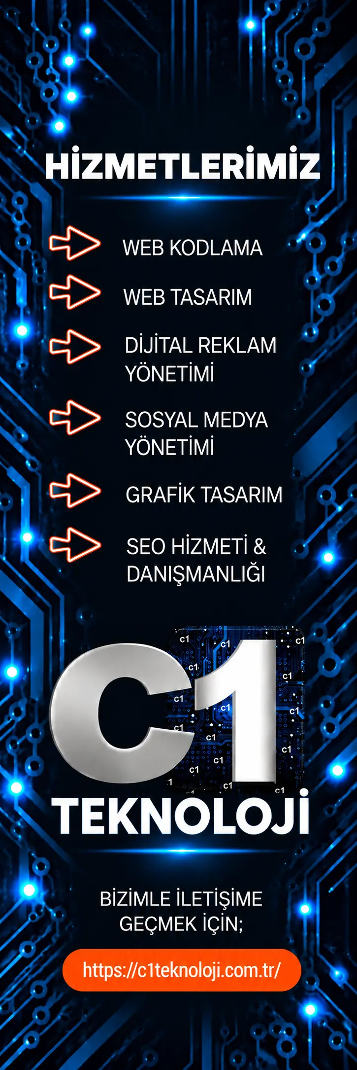 C1 Teknoloji hizmetleri: web kodlama, web tasarım, dijital reklam yönetimi, sosyal medya yönetimi, grafik tasarım ve SEO